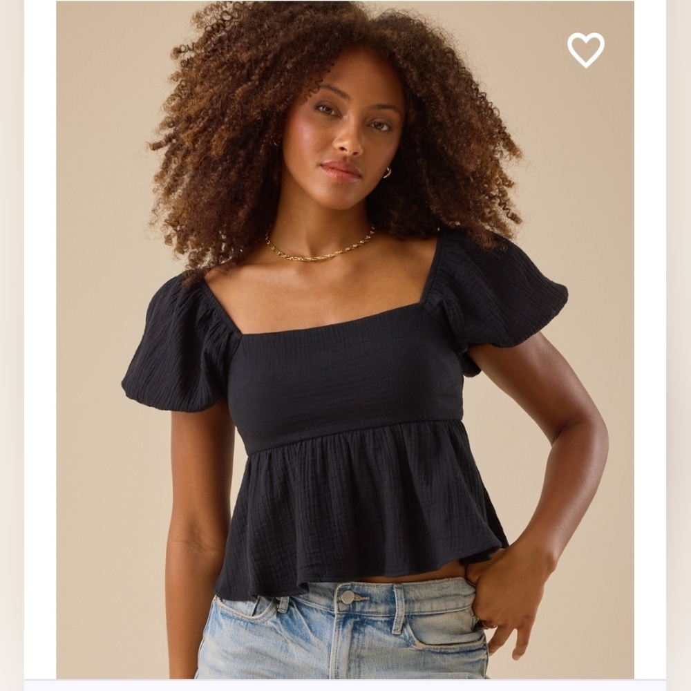 Altar'd State Black Square-Neck Peplum Puff Sleeve Top